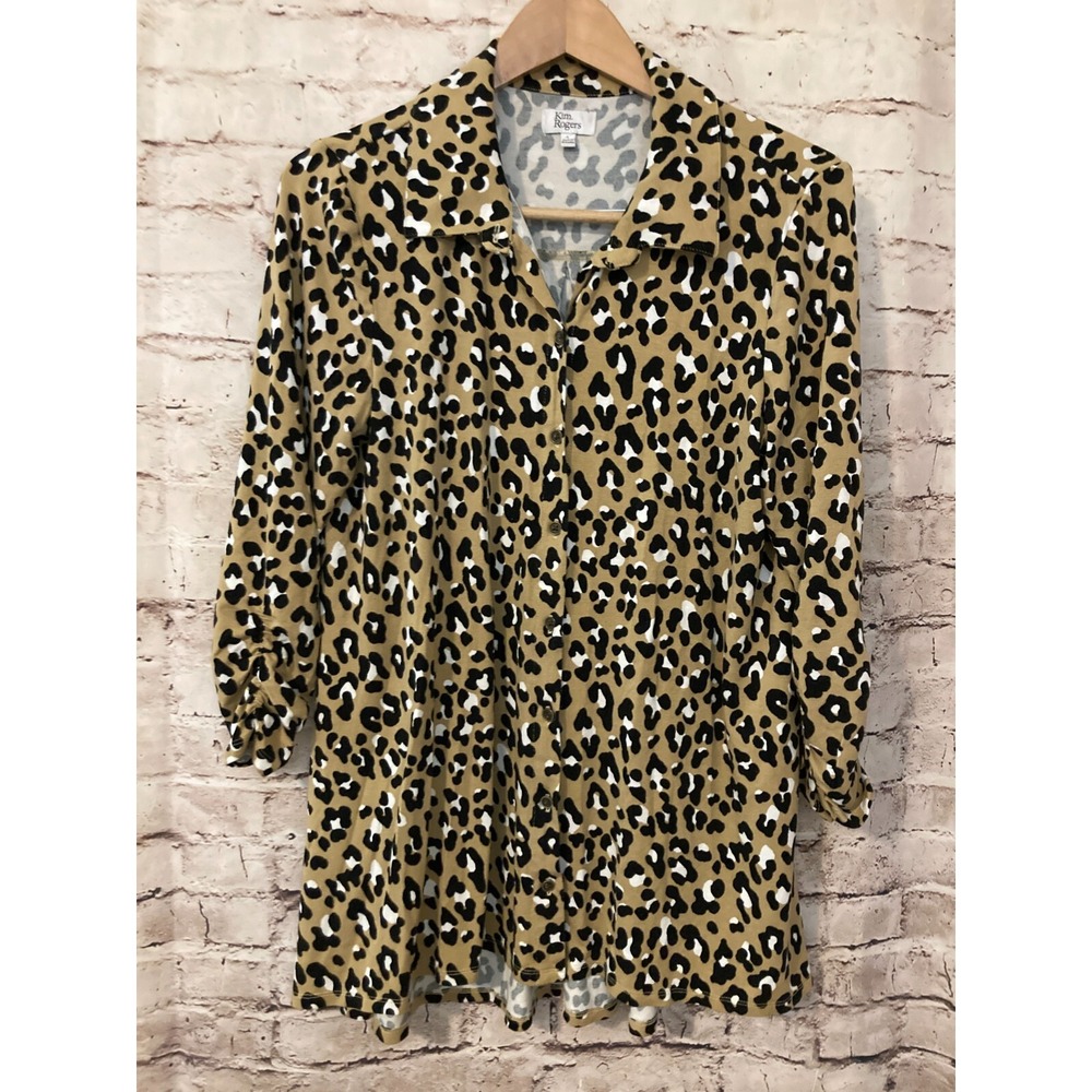 Kim Rogers Shirt Womens Large Button Up Ultra Stretchy Animal Print Tan Flowy